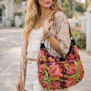 Altiplano Mayan Textile Half‎ Moon Shoulder Bag Floral Leather Strap Pink Orange